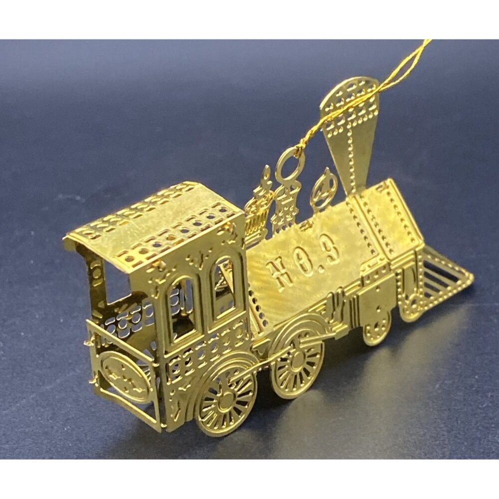 Lot 2 Vintage Metal Train Ornaments Red 4-Car Magnetic Gold Brass Locomotive - Picture 3 of 9